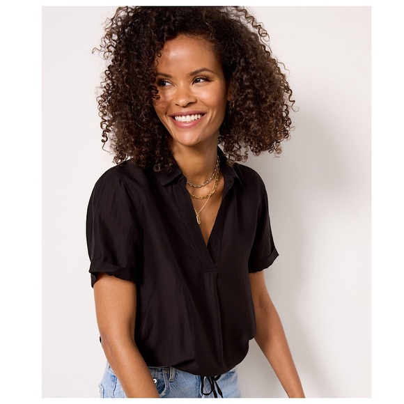 Cloth & Stone Short Sleeve Tie Waist Top Sz XL Black - Picture 2 of 13